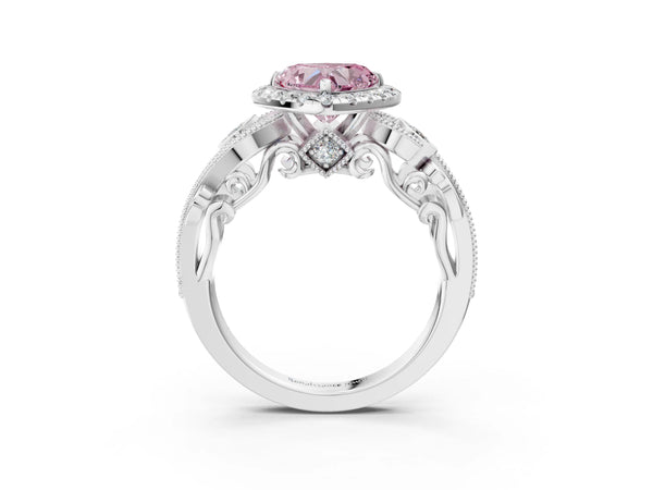 Platinum Fancy Pink Heart Cut Diamond Halo Ring with Milgrain Pavé Band and Four-Prong Setting