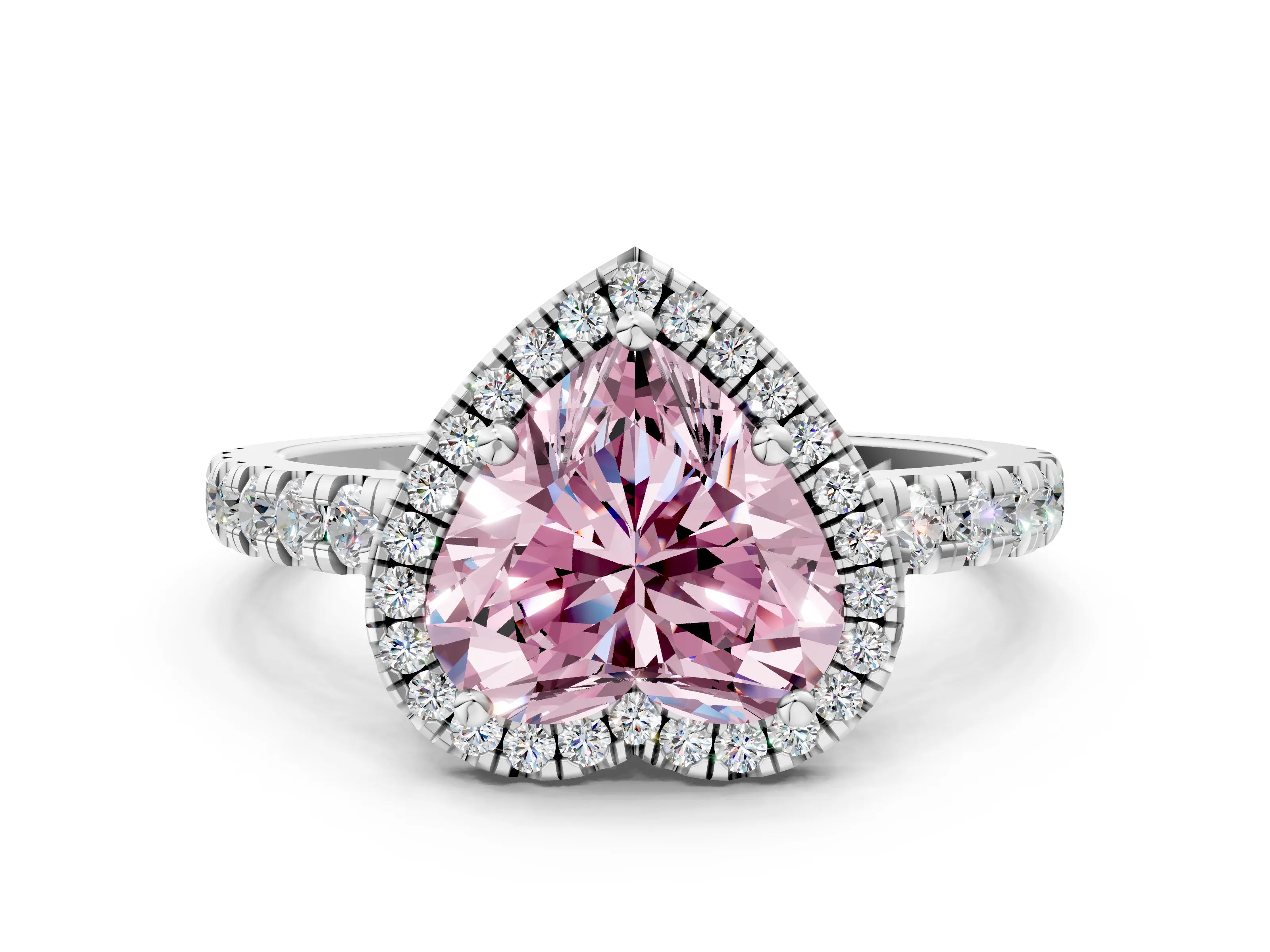 White gold Fancy Pink Heart Cut Diamond Halo Ring with Pavé Band and Four-Prong Setting