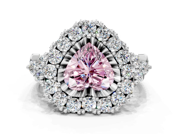White gold Fancy Pink Heart Cut Diamond Halo Ring with Pavé Band and Four-Prong Setting