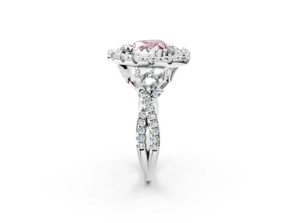 White gold Fancy Pink Heart Cut Diamond Halo Ring with Pavé Band and Four-Prong Setting