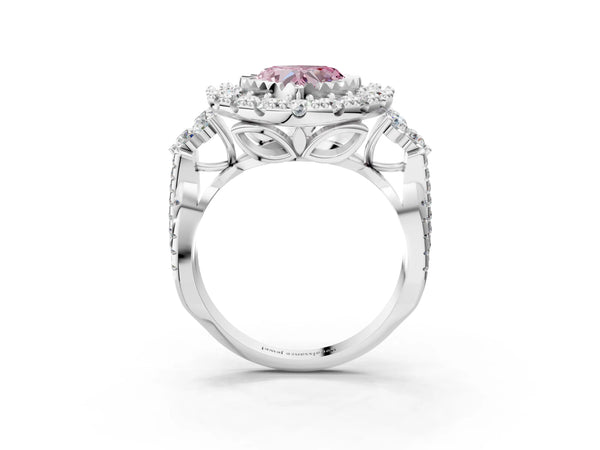 White gold Fancy Pink Heart Cut Diamond Halo Ring with Pavé Band and Four-Prong Setting