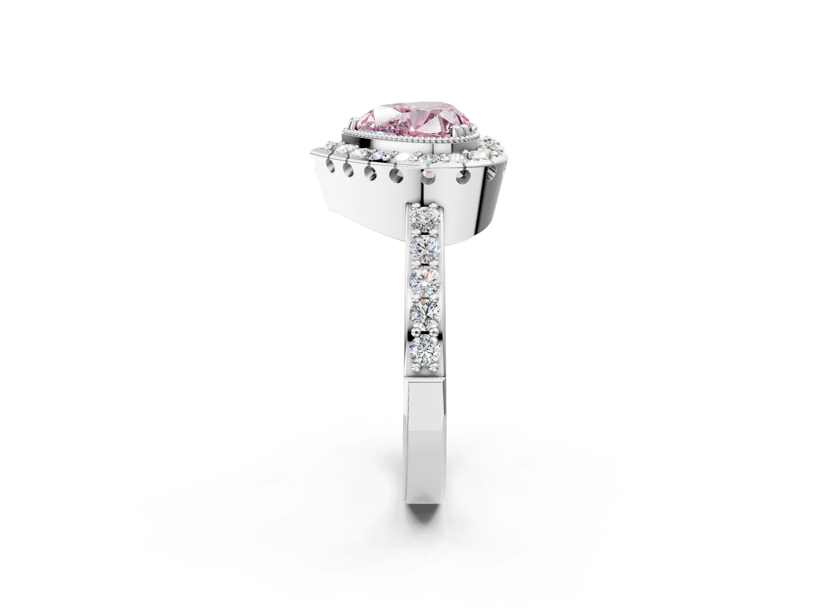 White gold Fancy Pink Heart Cut Diamond Halo Ring with Pavé Band and Prong Setting_14