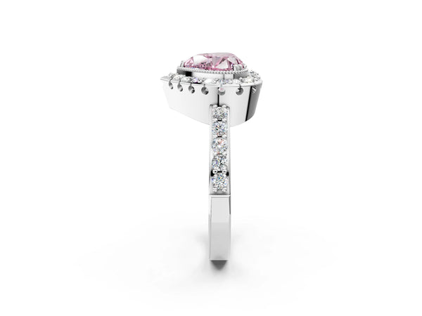 Platinum Fancy Pink Heart Cut Diamond Halo Ring with Pavé Band and Prong Setting