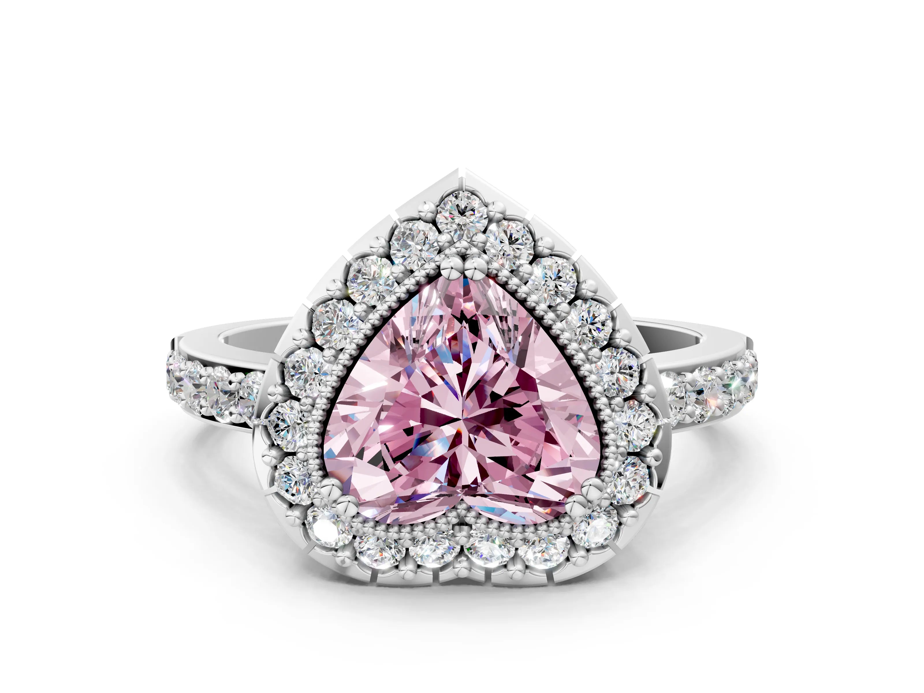 White gold Fancy Pink Heart Cut Diamond Halo Ring with Pavé Band and Prong Setting
