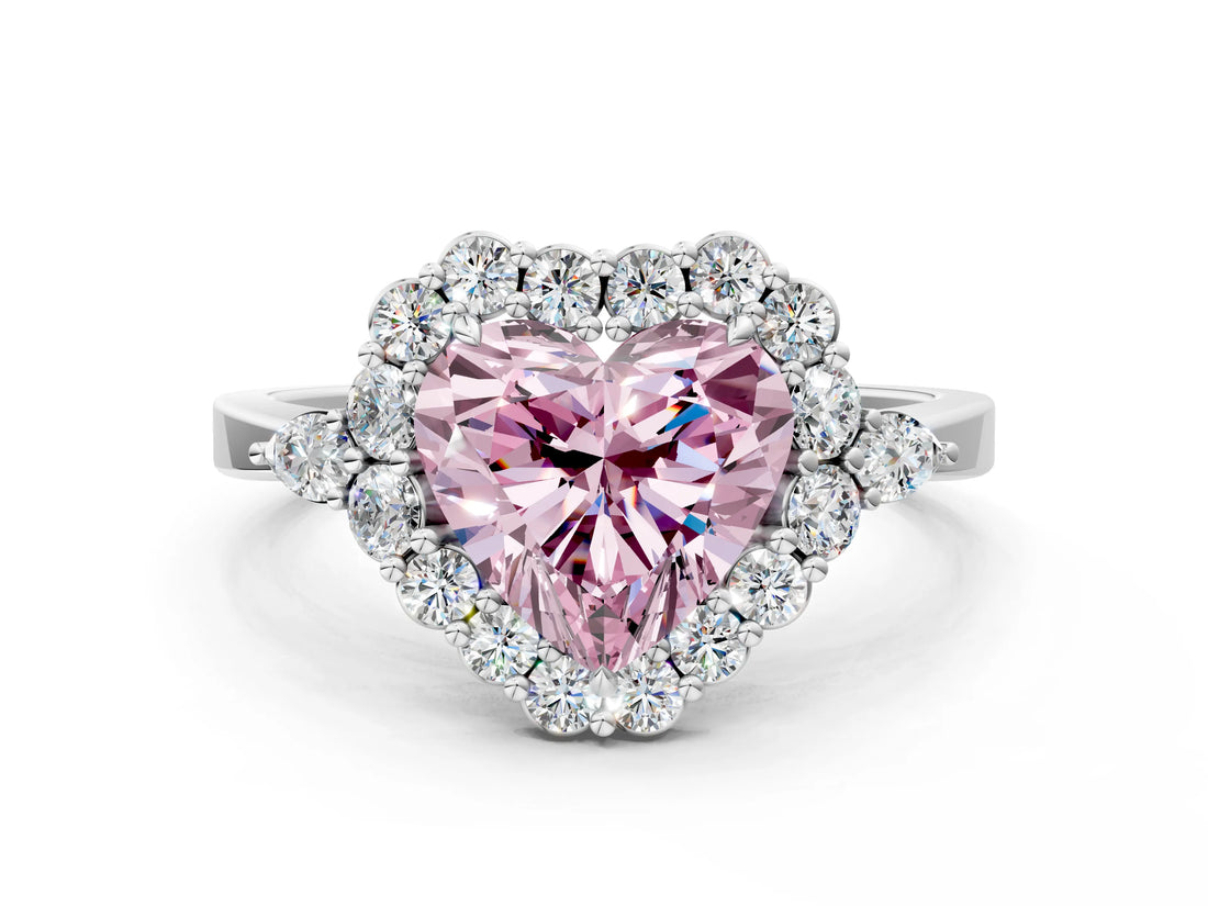 White gold Fancy Pink Heart Cut Diamond Halo Ring with Pear Side Stones and Prong Setting_91