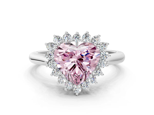 Platinum Fancy Pink Heart  Cut Diamond Halo Ring with Solitaire Band and Prong Setting
