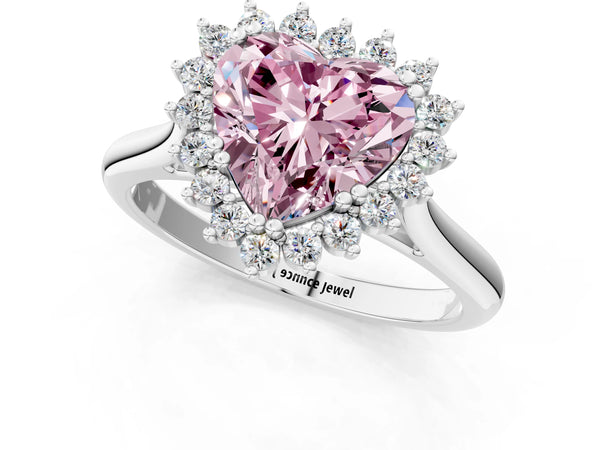Platinum Fancy Pink Heart  Cut Diamond Halo Ring with Solitaire Band and Prong Setting