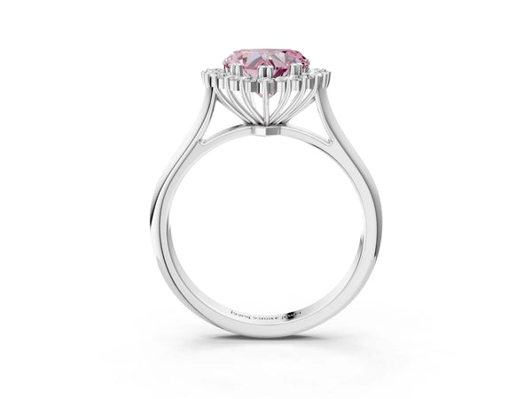 Platinum Fancy Pink Heart  Cut Diamond Halo Ring with Solitaire Band and Prong Setting