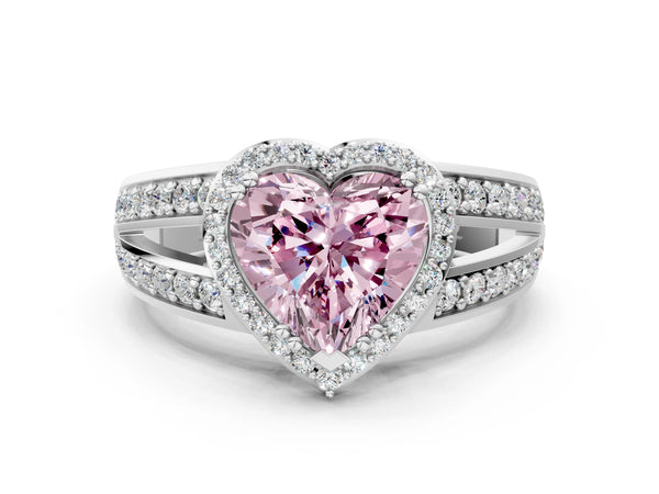White gold Fancy Pink Heart Cut Diamond Halo Ring with Split Shank Pavé Band and Four-Prong Setting
