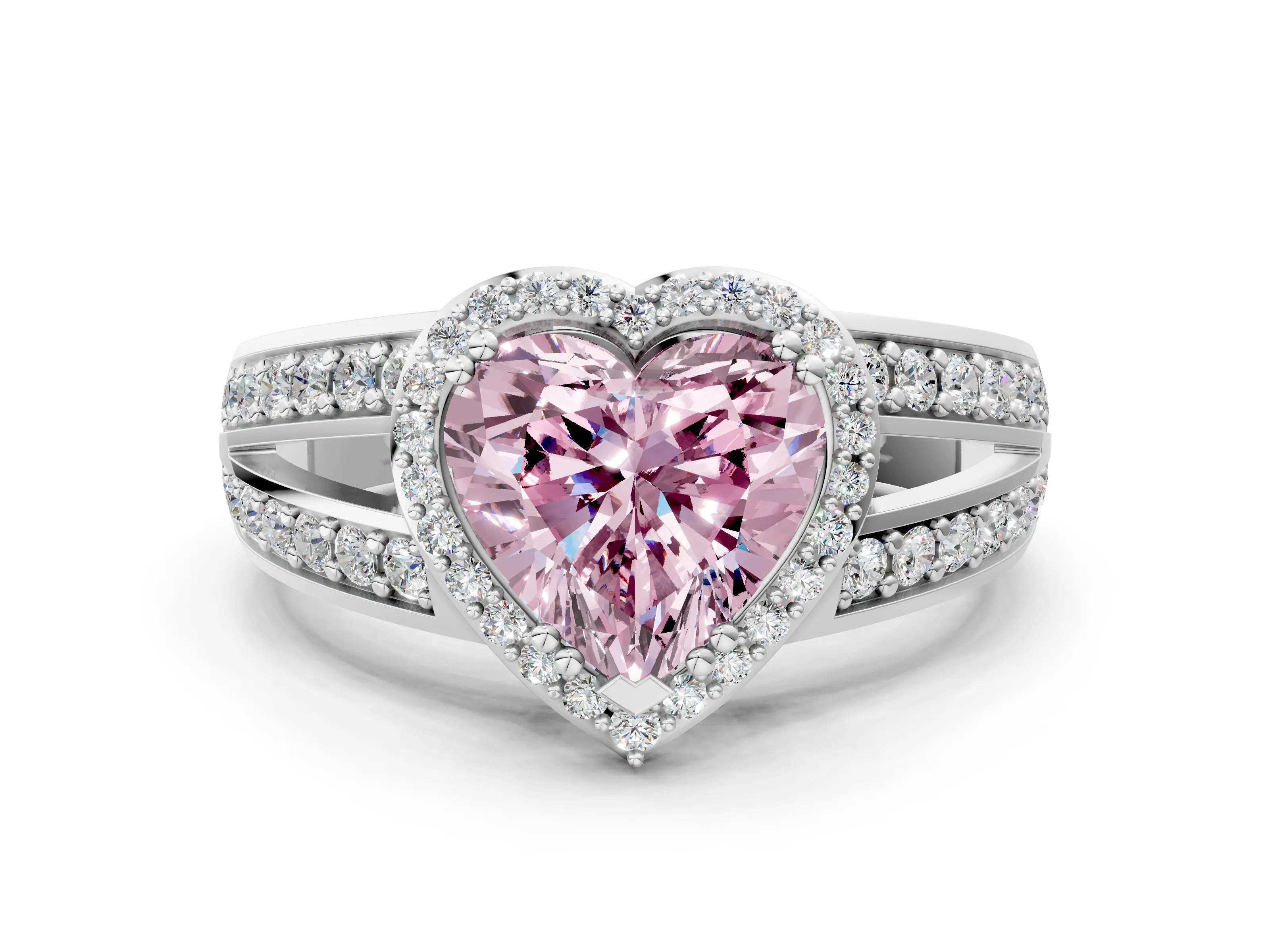 White gold Fancy Pink Heart Cut Diamond Halo Ring with Split Shank Pavé Band and Four-Prong Setting_12