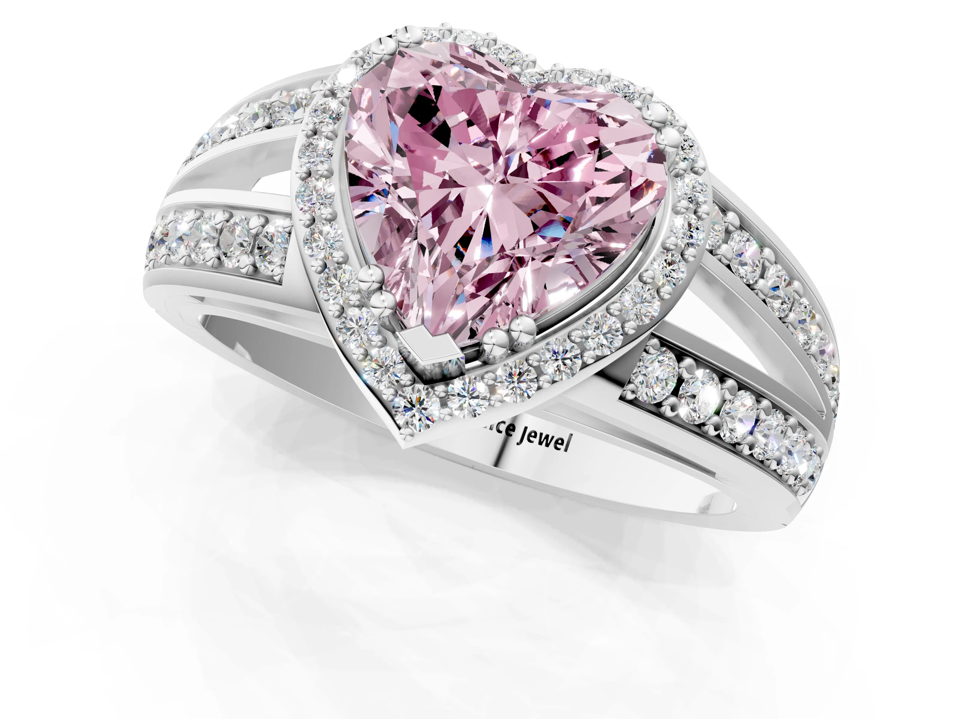 White gold Fancy Pink Heart Cut Diamond Halo Ring with Split Shank Pavé Band and Four-Prong Setting_13