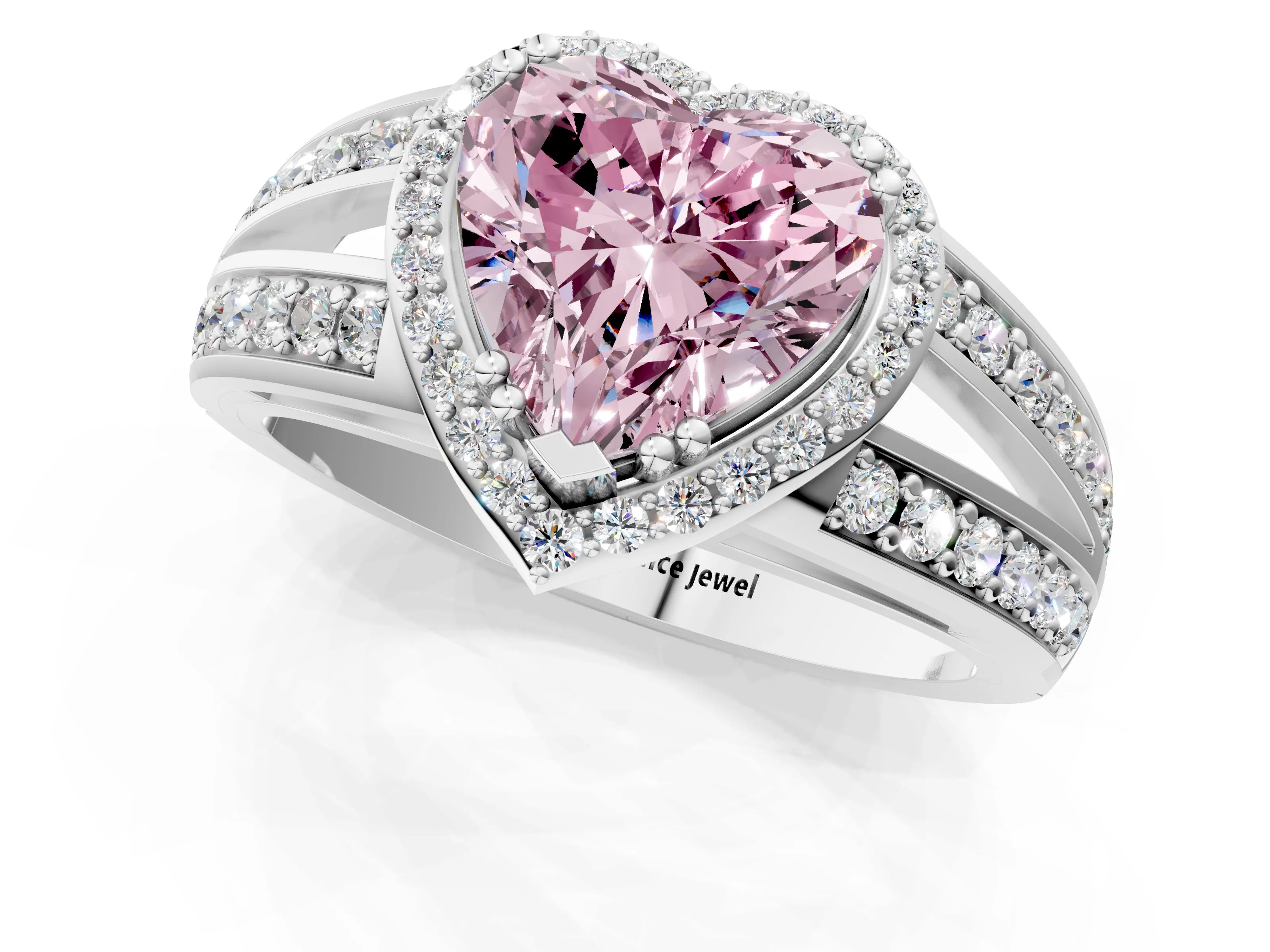 White gold Fancy Pink Heart Cut Diamond Halo Ring with Split Shank Pavé Band and Four-Prong Setting_1