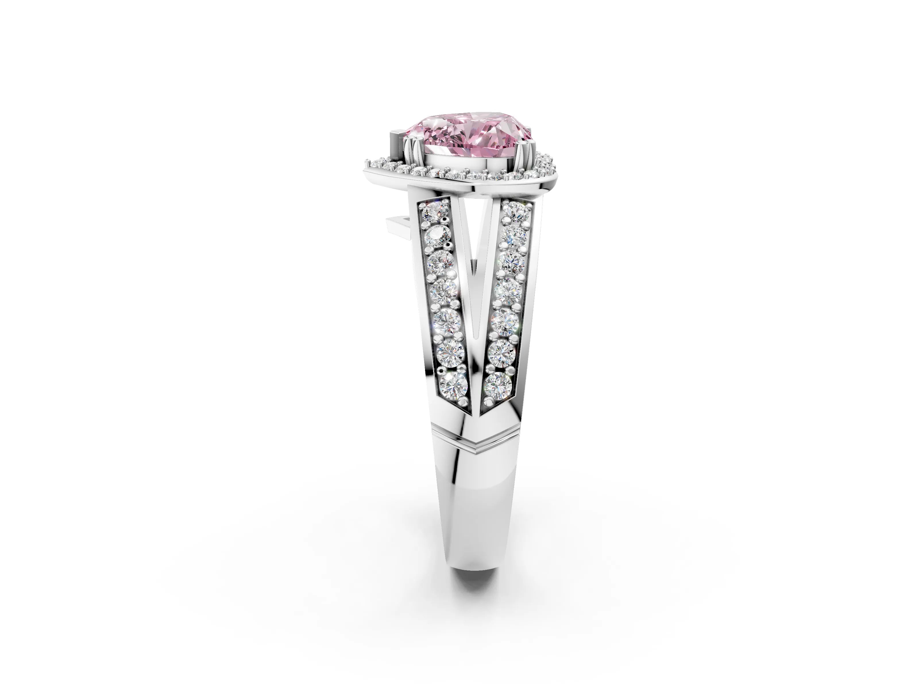 White gold Fancy Pink Heart Cut Diamond Halo Ring with Split Shank Pavé Band and Four-Prong Setting_2