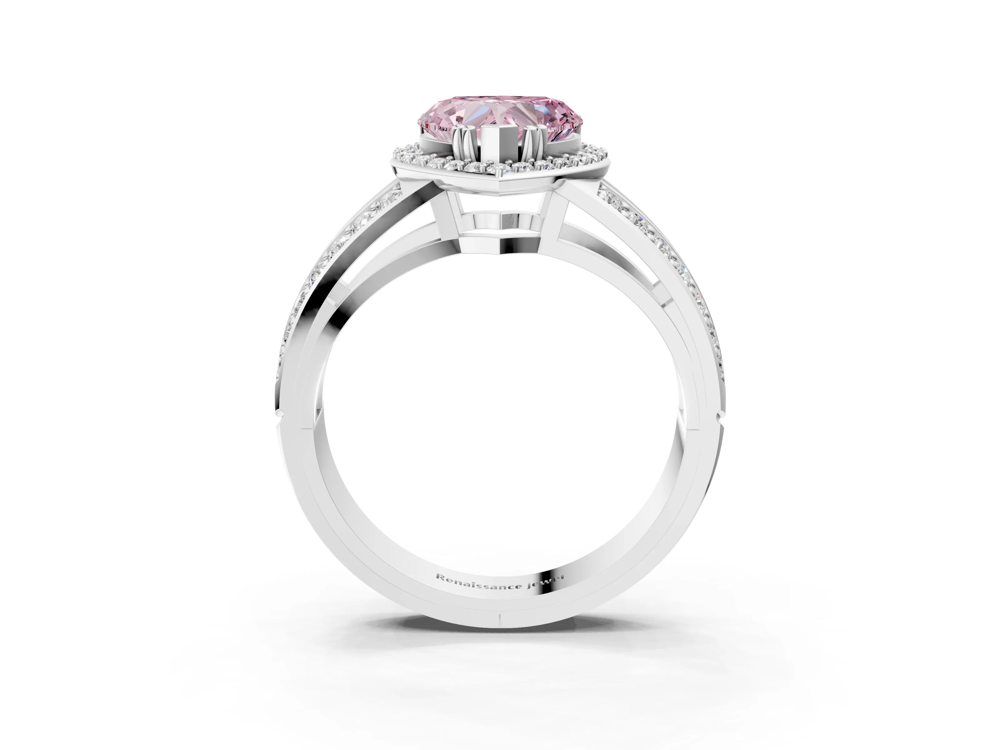 White gold Fancy Pink Heart Cut Diamond Halo Ring with Split Shank Pavé Band and Four-Prong Setting_3