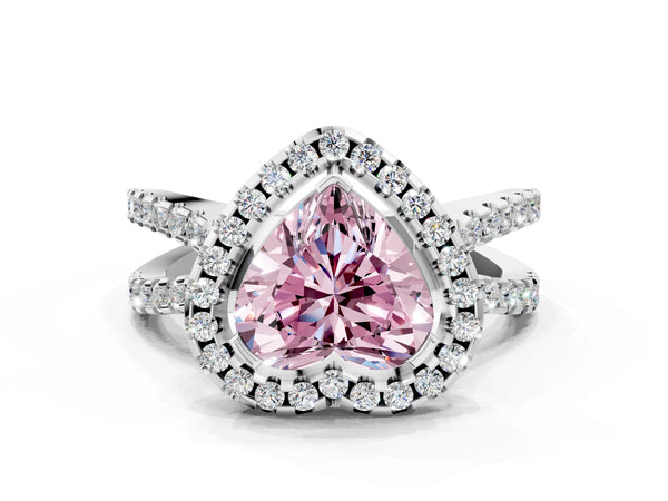 Platinum Fancy Pink Heart Cut Diamond Halo Ring with Split Shank Pavé Band and Prong Setting