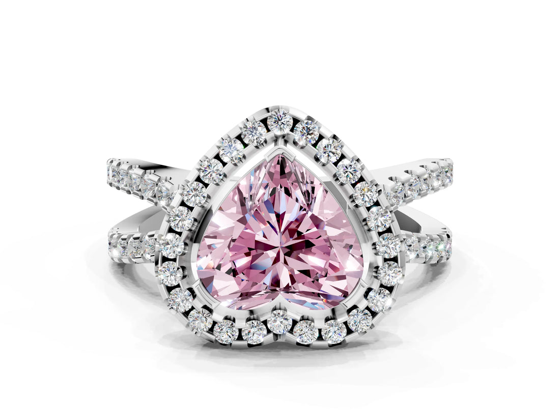 White gold Fancy Pink Heart Cut Diamond Halo Ring with Split Shank Pavé Band and Prong Setting_79