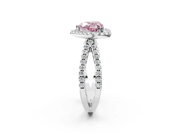 Platinum Fancy Pink Heart Cut Diamond Halo Ring with Split Shank Pavé Band and Prong Setting