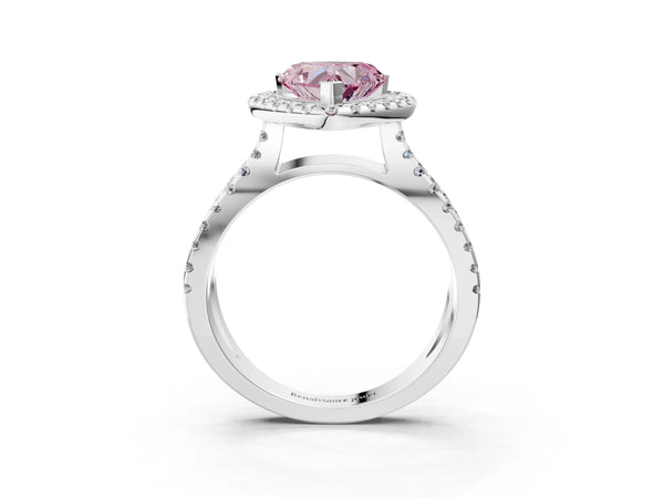 Platinum Fancy Pink Heart Cut Diamond Halo Ring with Split Shank Pavé Band and Prong Setting