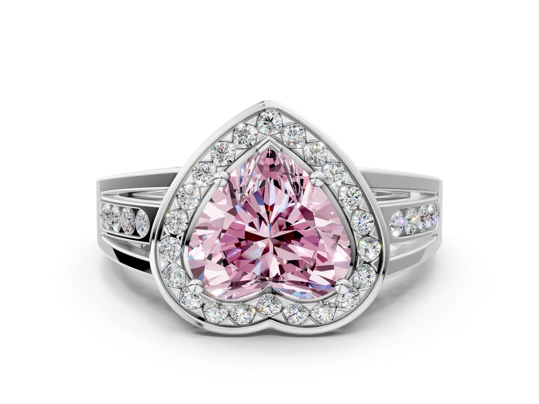 White gold Fancy Pink Heart Cut Diamond Halo Ring with Split Shank and Bezel Accents and Prong Setting