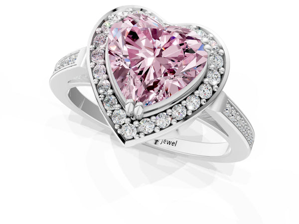 White gold Fancy Pink Heart Cut Diamond Halo Ring with Split Shank and Four-Prong Setting