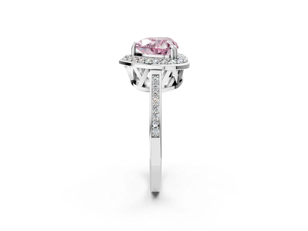 White gold Fancy Pink Heart Cut Diamond Halo Ring with Split Shank and Four-Prong Setting
