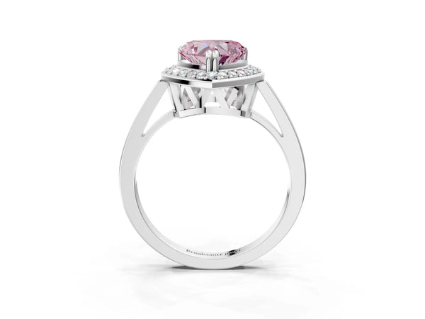 White gold Fancy Pink Heart Cut Diamond Halo Ring with Split Shank and Four-Prong Setting
