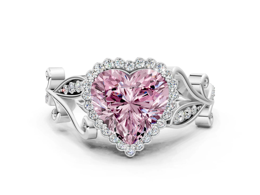 White gold Fancy Pink Heart Cut Diamond Halo Ring with Vintage Split Shank and Four-Prong Setting_95