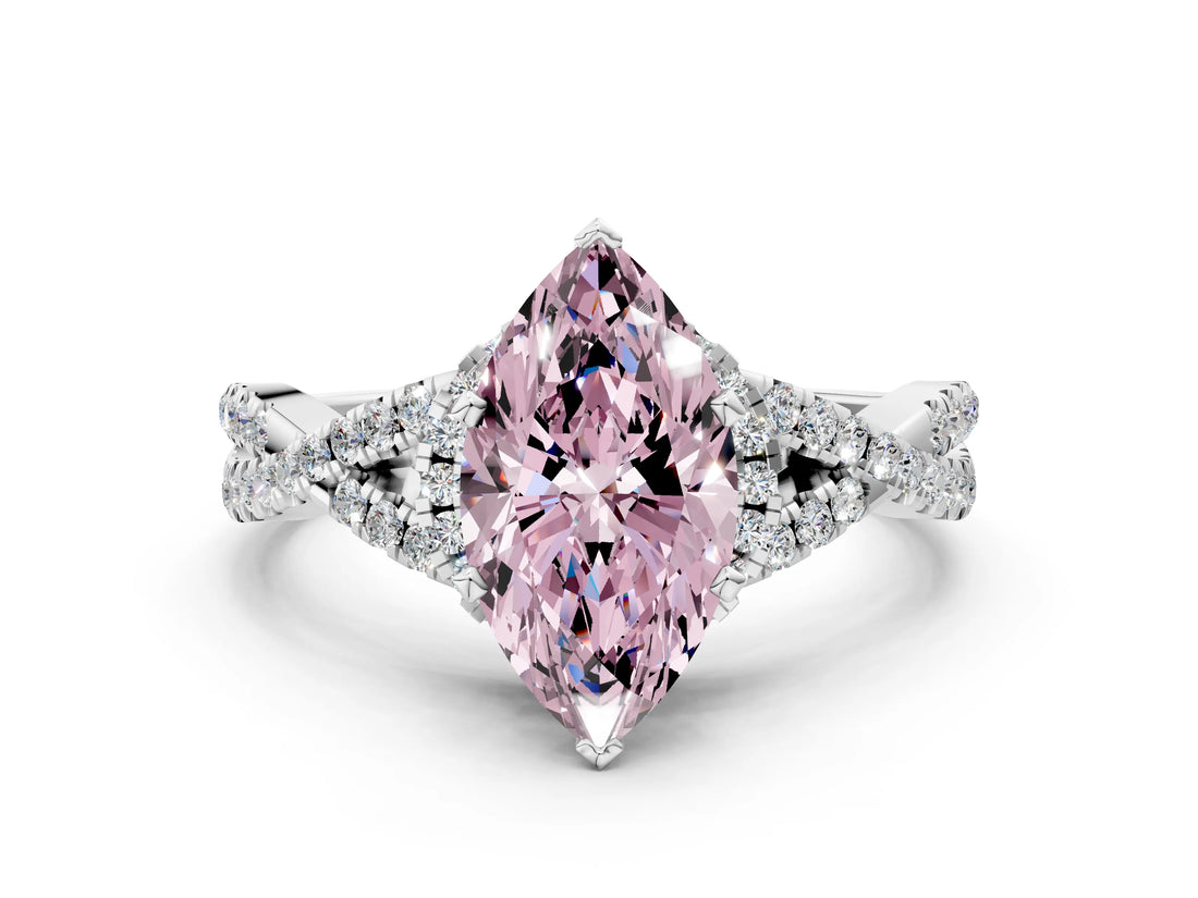 White gold Fancy Pink Heart Cut Diamond  Halo Twist Band Solitaire Prong Setting Ring_16