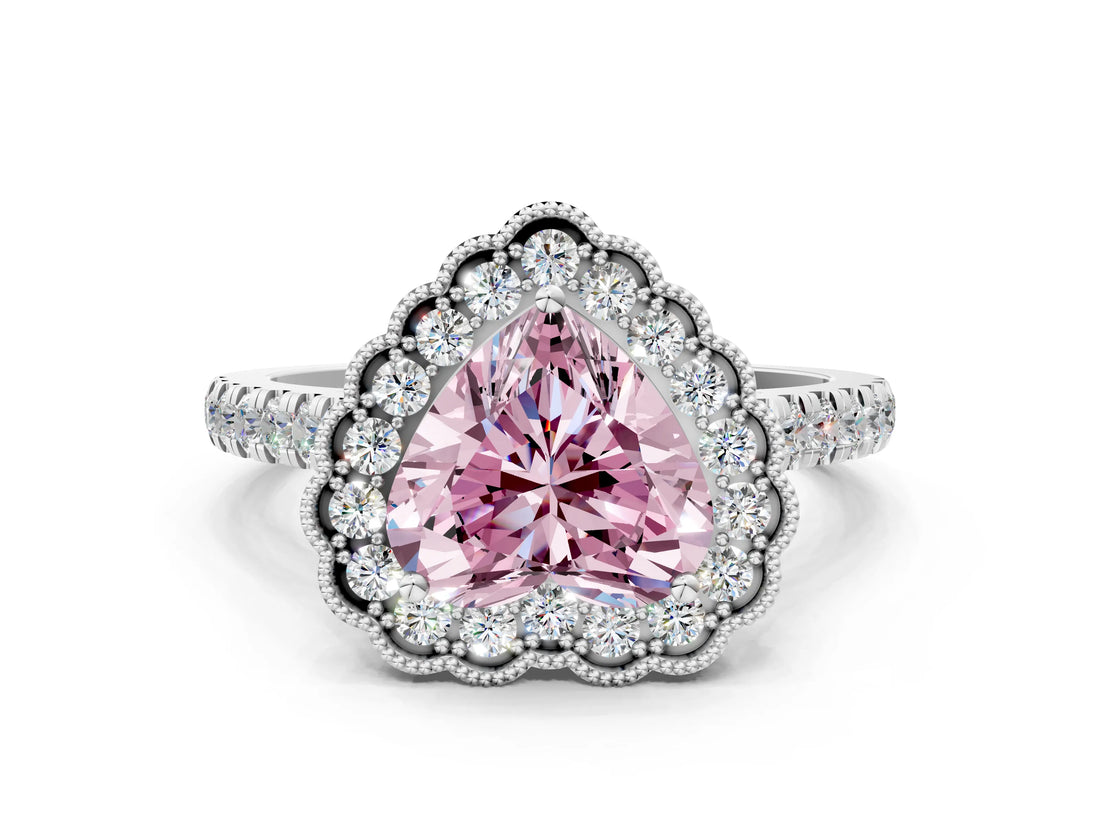 White gold Fancy Pink Heart  Cut Diamond Milgrain Floral Halo Engagement Ring with Pavé Band_15