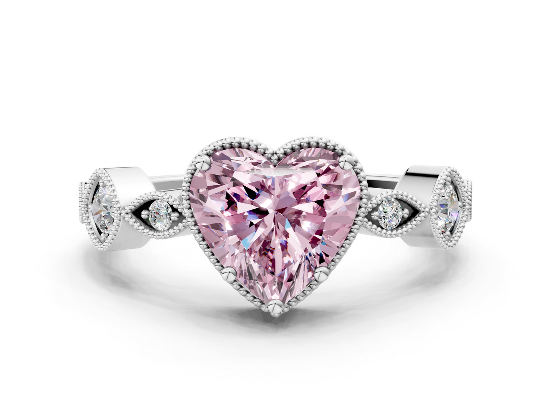 White gold Fancy Pink Heart  Cut Diamond Milgrain Marquise Band with Prong Setting_3