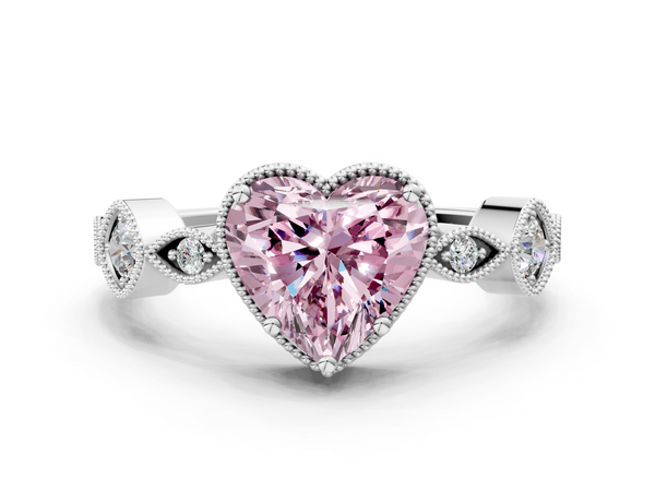 White gold Fancy Pink Heart  Cut Diamond Milgrain Marquise Band with Prong Setting