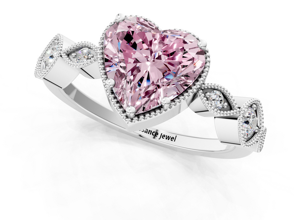 White gold Fancy Pink Heart  Cut Diamond Milgrain Marquise Band with Prong Setting