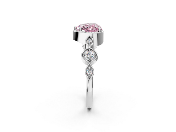 White gold Fancy Pink Heart  Cut Diamond Milgrain Marquise Band with Prong Setting