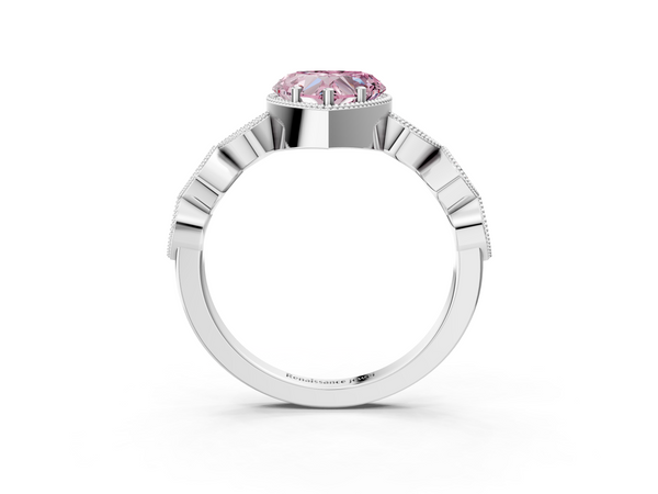 White gold Fancy Pink Heart  Cut Diamond Milgrain Marquise Band with Prong Setting