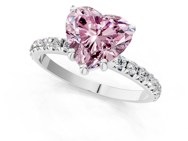 White gold Fancy Pink Heart  Cut Diamond Solitaire Ring with Micro Pave Band and Four Prong Setting
