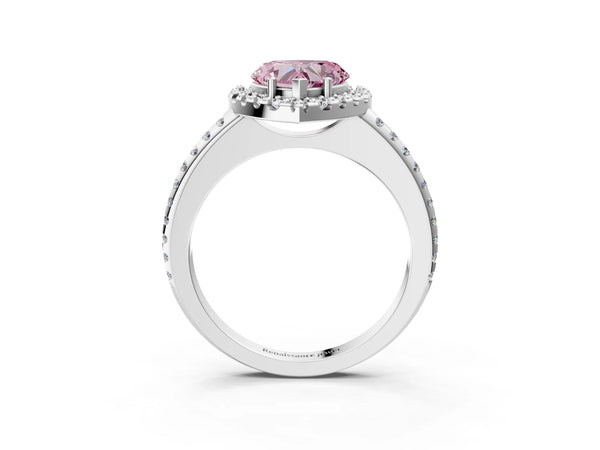 Platinum Fancy Pink Heart Cut Diamond Pavé Halo Ring with Four-Prong Setting