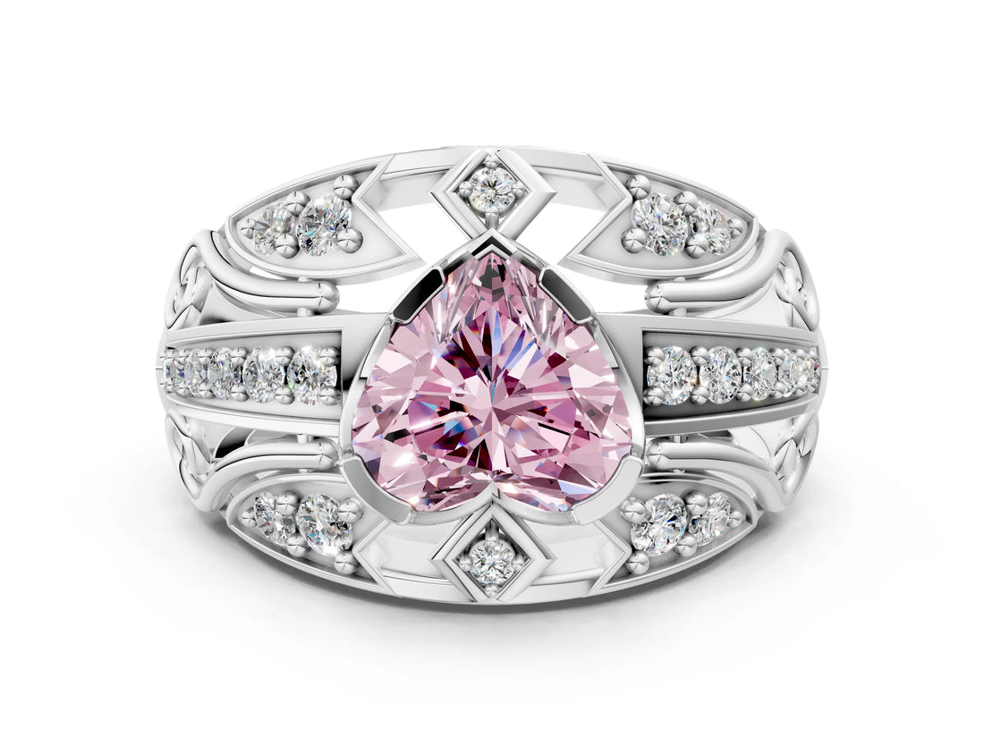 White gold Fancy Pink Heart Cut Diamond Pave Art Deco Split Shank Ring with Four-Prong Setting