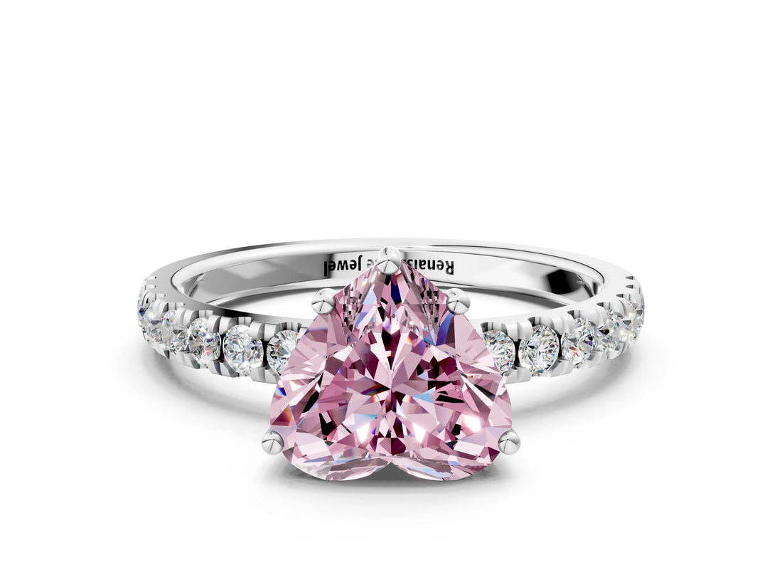 White gold Fancy Pink Heart Cut Diamond Pave Band Solitaire Ring with Round  and Prong Setting_122