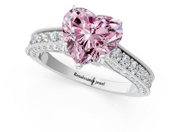 White gold Fancy Pink Heart  Cut Diamond Solitaire Ring with Milgrain Pave Band and Four Prong Setting