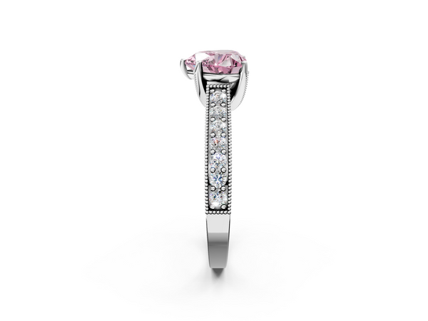 White gold Fancy Pink Heart  Cut Diamond Solitaire Ring with Milgrain Pave Band and Four Prong Setting