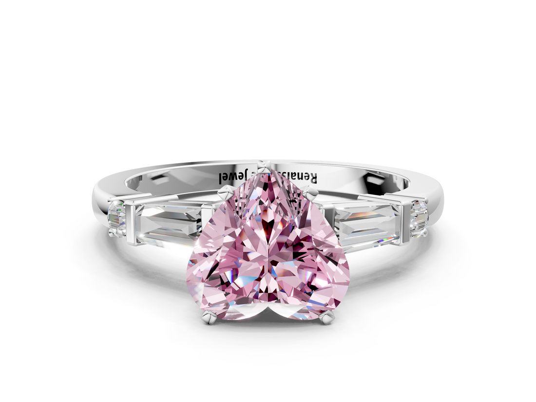White gold Fancy Pink Heart  Cut Diamond Ring with Baguette Side Stones, Channel Set Band, and Four-Prong Setting_3