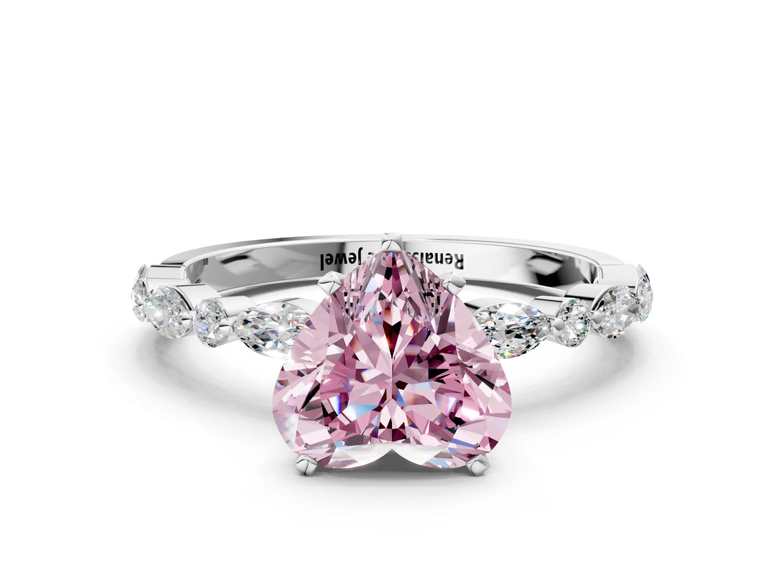 White gold Fancy Pink Heart Cut Diamond Ring with Marquise and Round  Side Stones and Four-Prong Setting_76