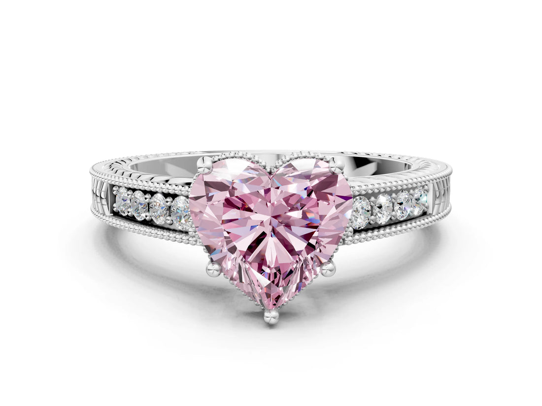 White gold Fancy Pink Heart Cut Diamond Ring with Milgrain Pavé Band and Four-Prong Setting_32