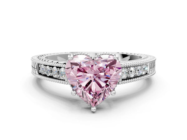 Platinum Fancy Pink Heart Cut Diamond Ring with Milgrain Pavé Band and Four-Prong Setting