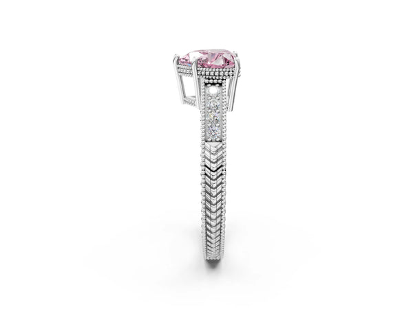 Platinum Fancy Pink Heart Cut Diamond Ring with Milgrain Pavé Band and Four-Prong Setting
