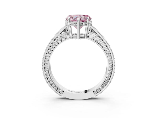 Platinum Fancy Pink Heart Cut Diamond Ring with Milgrain Pavé Band and Four-Prong Setting