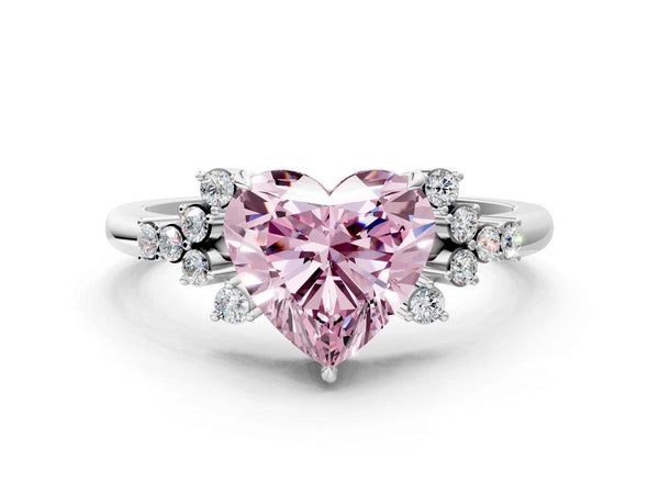White gold Fancy Pink Heart Cut Diamond Ring with Side Stones and Four-Prong Setting