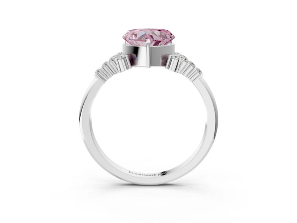 White gold Fancy Pink Heart Cut Diamond Ring with Side Stones and Four-Prong Setting