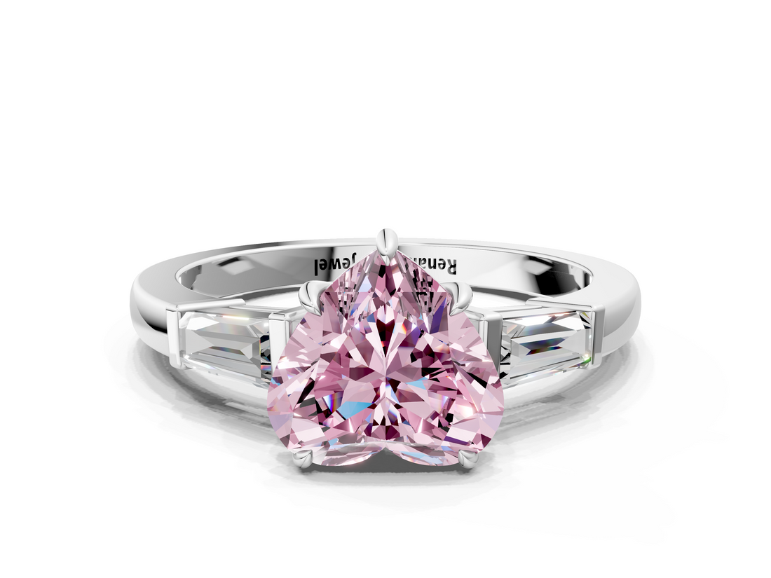 White gold Fancy Pink Heart  Cut Diamond Ring with Tapered Baguette Side Stones in Four-Prong Setting_3