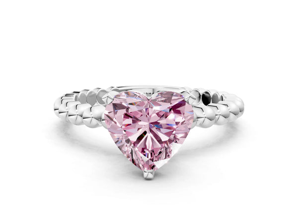 Platinum Fancy Pink Heart Cut Diamond Solitaire Ring with Beaded Band and Prong Setting